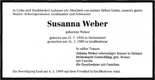 Weber Susanna 1920-1989 Todesanzeige